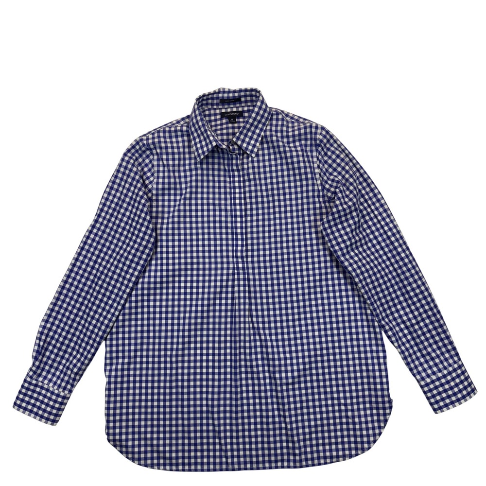 Lands' End No Iron Supima Cotton Gingham Shirt Blue White Womens 12 Long Sleeve
